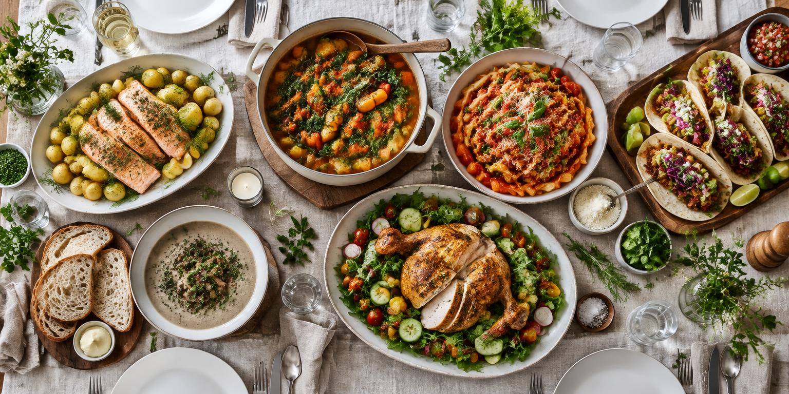 Laks, vegetargryte, pasta og suppe på et dekket middagsbord